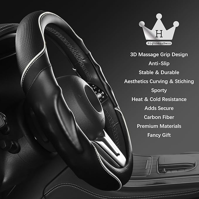 HighnessHwoo 3D Car Steering Wheel Cover Comfort Grip Massage Sporty Anti-Slip Carbon Fiber Faux Leather for F150, Trucks, Je