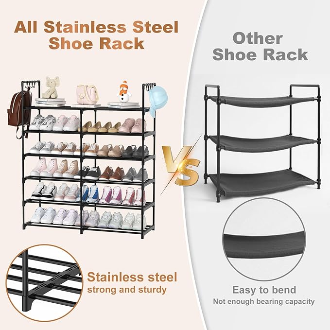 2-Row 6-Tier Stackable Shoe Rack, Black Metal Shoe Shelf with Multifunctional Hooks, Hold 24-30 Pairs, Space Saving Shoes Org