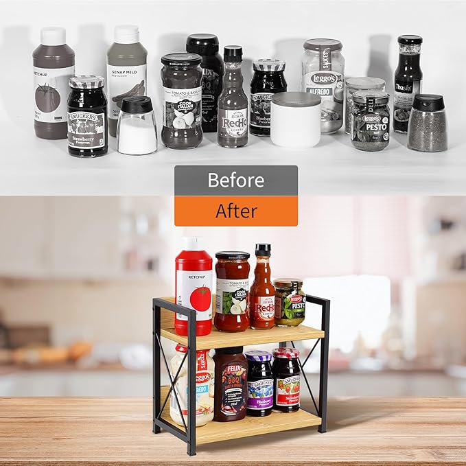 Giikin Countertop Shelf Organizer, 2 Tier Kitchen Spice Rack Organizer for Countertop, Wood Coffee Counter Shelf Organizer fo