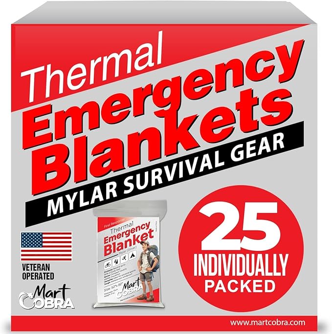 Mart Cobra Emergency Blanket 25-Pack Space Mylar Blankets Survival Gear and Supplies Reusable Thermal Camping Essentials Hiki