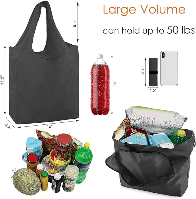 BeeGreen 10 Pack Black Reusable Grocery Bags with Storage Pouch Reusable Shopping Bags Bulk with Elastic Band 50LBS X-Large-Foldable-Washable-Heavy Duty-Waterproof Grocery Tote Bags