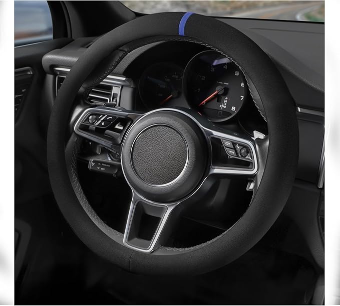 Suede Steering Wheel Cover with Upgraded Silicone Inner Ring, Breathable, Anti-Slip, Leather Universal 14.5 to 15 Inch Steeri