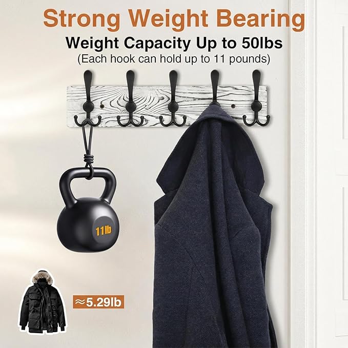 Wooden Coat Rack Wall Mount Heavy Duty, 2 Pack Coat Hanger Wall Mount with 5 Triple Hooks for Clothes, Jacket, Hat, Keys, Spa