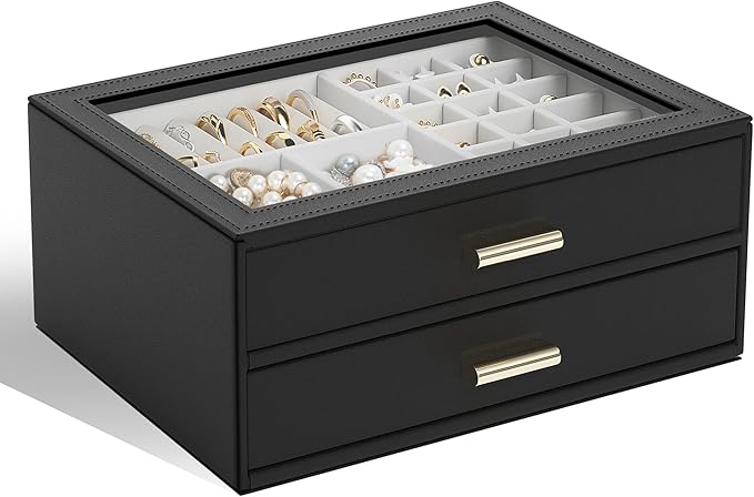 AKOZLIN Jewelry Box with Clear Lid Functional Leather Jewelry Storage Organizer Case 2 Drawers for Women Girls Necklace Ring 