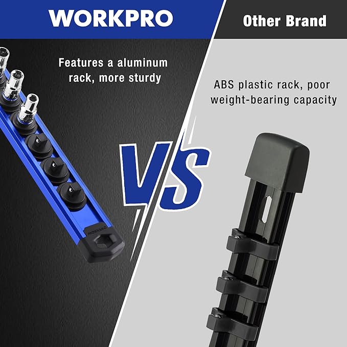 WORKPRO Magnetic Socket Organizer Set, 3-Piece Aluminum Alloy Socket Rail, Heavy Duty Socket Holder, Socket Rack Kit 1/4-Inch
