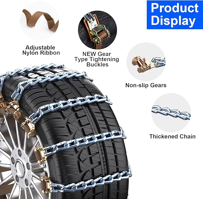 Qoosea Snow Chains for Car 10Pcs Tire Chains for SUV Manganese Steel Tire Chains Heavy Duty Universal Anti-Slip Chains for Ti
