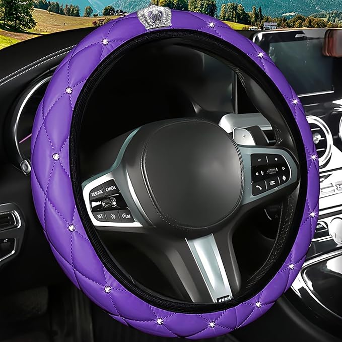 Dotesy 16 Pcs Bling Car Steering Wheel Cover Set with Crystal Seatbelt Shoulder Pads Diamond Butterfly Car Accessories for Women (Purple)