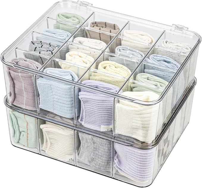 ZEXALOR Plastic Clear Storage Containers, Set of 2, Sock Organizer Divided Boxes with Lids, Underwear Drawer Organizer, Tie D