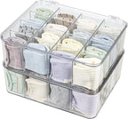 ZEXALOR Plastic Clear Storage Containers, Set of 2, Sock Organizer Divided Boxes with Lids, Underwear Drawer Organizer, Tie D