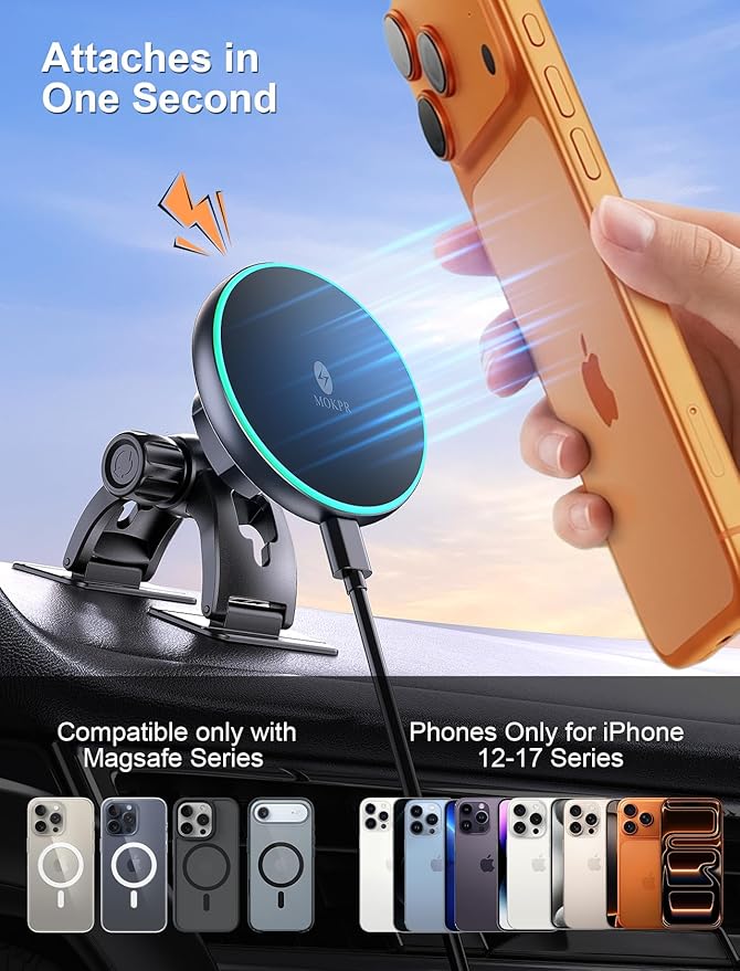 MOKPR for iPhone Magsafe Car Mount Charger, Wireless Car Charger Magnetic Car Phone Holder for Dash Air Vent-LED HandsFree Car Mount Fast Car Charger for iPhone 17/16/15/14/13/12