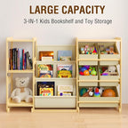 Kids Bookshelf and Toy Storage Organizer with 3-Tier Book Display and Shelves, Kids Toy Organizers and Storage with Bins, Boo