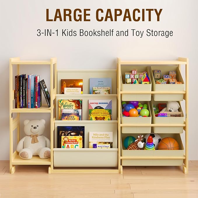 Kids Bookshelf and Toy Storage Organizer with 3-Tier Book Display and Shelves, Kids Toy Organizers and Storage with Bins, Boo