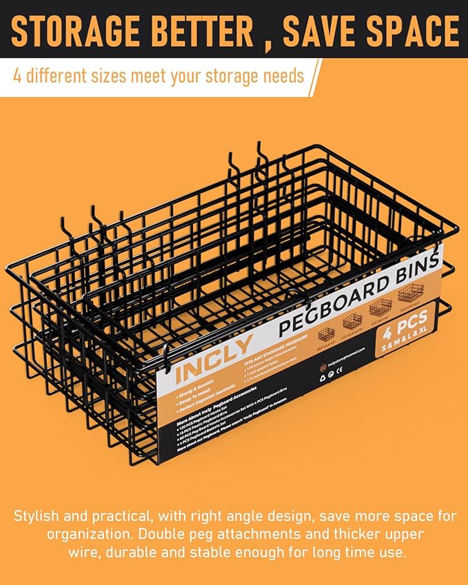 INCLY 4 Pack Pegboard Baskets Bins Set, 4 Size Square Style Black Metal Wire Basket for Any Peg Board Organizing Tools, Pegbo