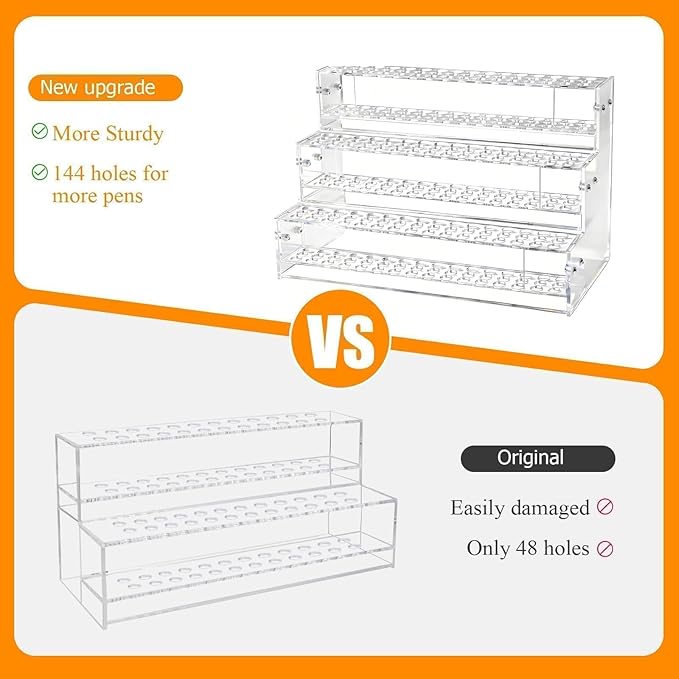 144-Slots Pen Holder for Craft Shows,3-Tier Acrylic Pen Display Stand Holders for Vendors,12mm Beadable Pens Display Beaded P