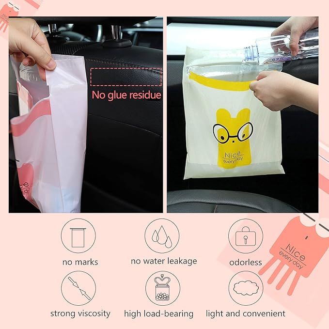 72pcs Car Trash Bags Easy Stick-On Disposable Portable Car Garbage Bags, Waterproof Leak Proof Barf Vomit Bags, Self Adhesive Cleaning Bags for Cars, Bedrooms, Bathrooms, Offices, Kitchens - Pattern A