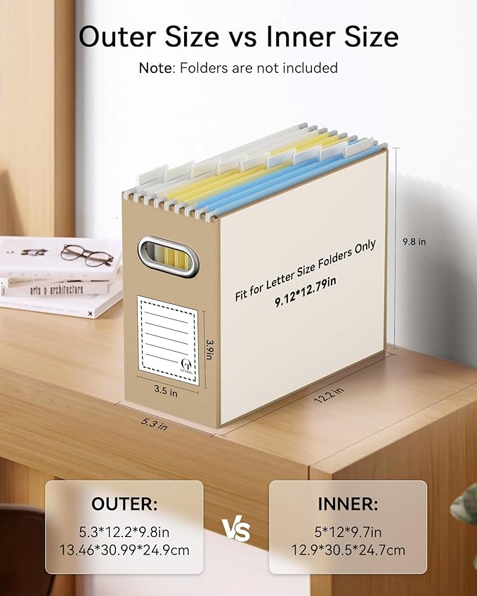 Oterri File Organizer Box, Portable Collapsible Cardboard File Folder Organizer with Handle for Letter Size Hanging Files, Do