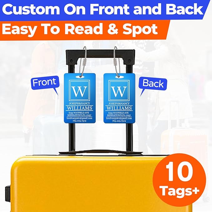 10 PCS Personalized Luggage Tags, Custom Engraved Aluminum Luggage Tags for Family, Metal Luggage Tags for Suitcases, Backpac