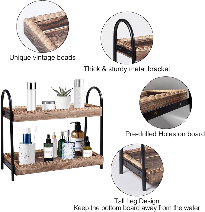 BDBDYEAY Bathroom Countertop Organizer, 2 Tier Vanity Organizer and Storage for Cosmetic Skincare Perfume, Wood Bead Storage 