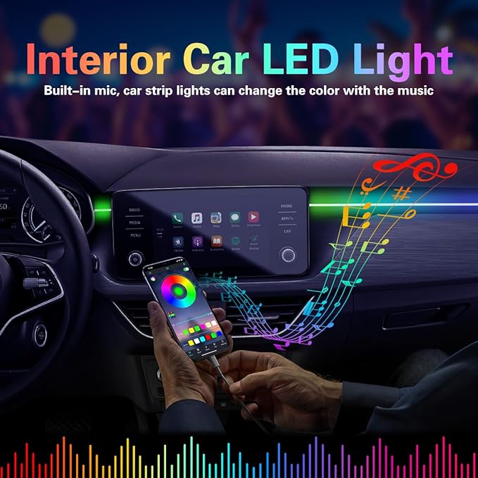 Acrylic Interior Car Lights with Wireless APP/Remote/Button Control, 10 in 1 Dreamcolor USB Car Ambient Lighting Kit 16 Million Colors Neon Strip Accessories for Vehicle Truck Inside Decorations