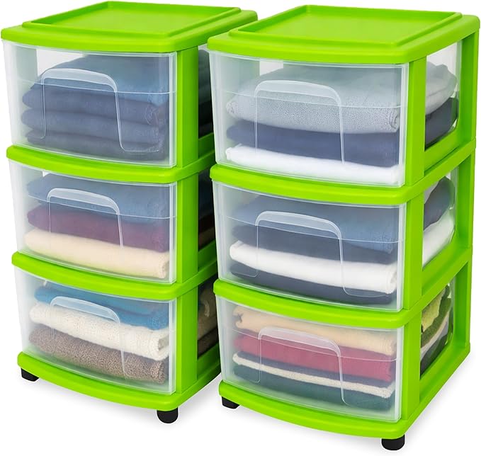 HOMZ 2-Pack Drawer Tower, 3-Tier Clear Plastic Storage Organizer Cart, Bold Lime Frame - Organizing Containers with Wheels fo