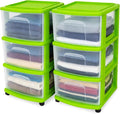 HOMZ 2-Pack Drawer Tower, 3-Tier Clear Plastic Storage Organizer Cart, Bold Lime Frame - Organizing Containers with Wheels fo