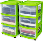 HOMZ 2-Pack Drawer Tower, 3-Tier Clear Plastic Storage Organizer Cart, Bold Lime Frame - Organizing Containers with Wheels fo