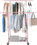 Fishat Portable Pink Double Rods Garment Clothes Rack for Drying with Rolling Clothes Organizer on Lockable Wheels Mobile for