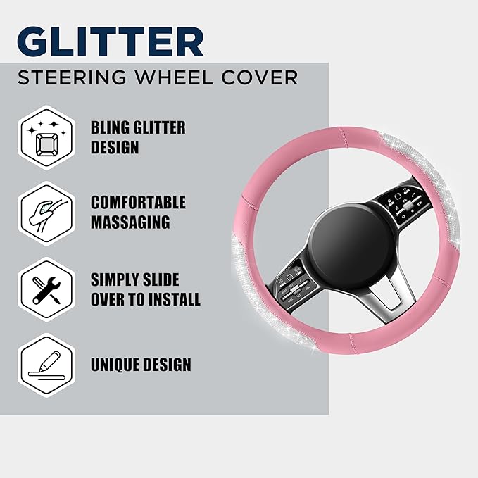PIC AUTO Steering Wheel Cover, Sparkly Crystal Bling Glitter with Pink Leather, Universal Fit 14.5"-15.5" Car Steering Wheels