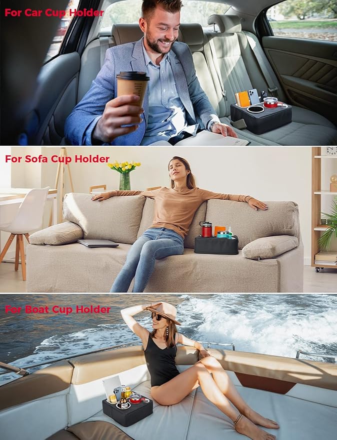 KEMIMOTO Back Seat Cup Holder for Car, Couch Cup Holder, Car Truck Boat Organizer, Couch Sofa Bed Expander Tray Holds Drinks, Snacks, Remote, Cell Mobile Phone (Black)