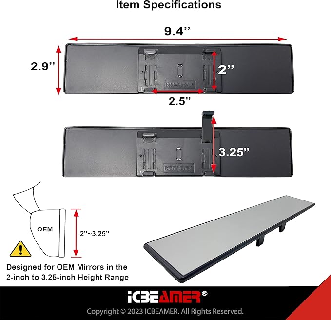 9.4" ICBEAMER Clip On Rear View Mirror | Flat Clear Tint, Panoramic Wide Angle HD Glass, Anti Glare, Universal Fit for Car, SUV, Truck | Eliminates Blind Spots (1 Pack)