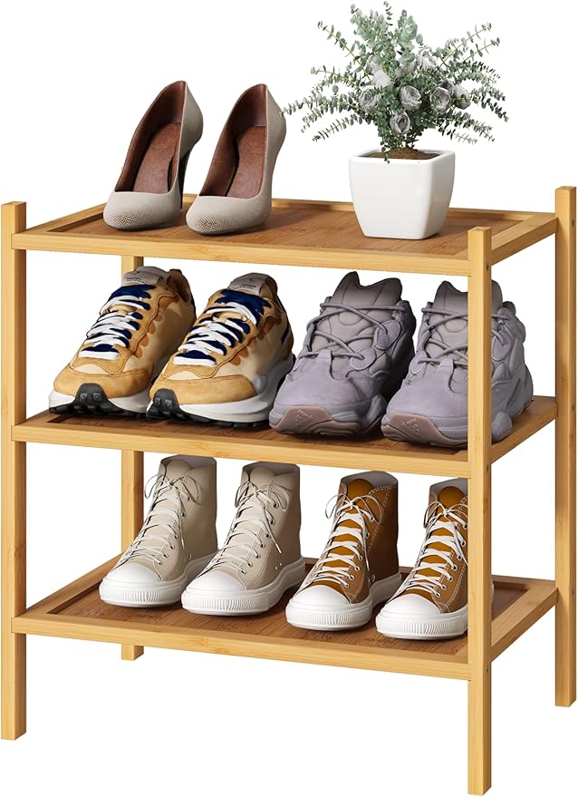 kiplant Small Shoe Rack, Bamboo Wood Shoe Rack for Entryway, Stackable | Foldable | Natural, 3-Tier Shoe Organizer for Hallwa