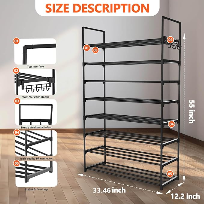 Hsscblet 8 Tiers Metal Shoe Rack,Adjustable Shoe Shelf Storage Organizer with Hooks,Stackable Boot & Shoe Storage,for Entrywa