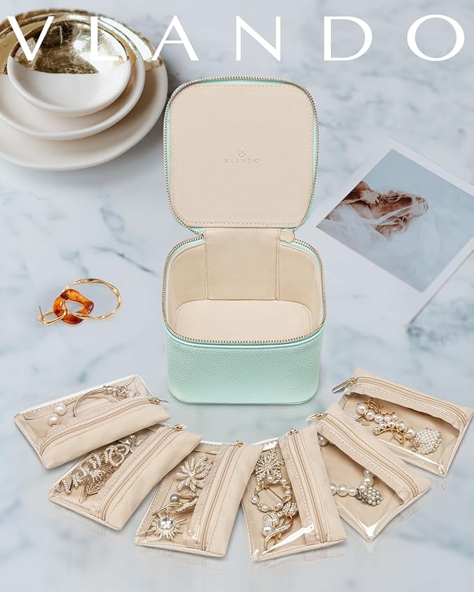 Vlando Travel Jewelry Box,Jewelry Travel Case with 6 Velvet Jewelry Zipper Pockets Travel Jewelry Organizer for Ring Bracelet