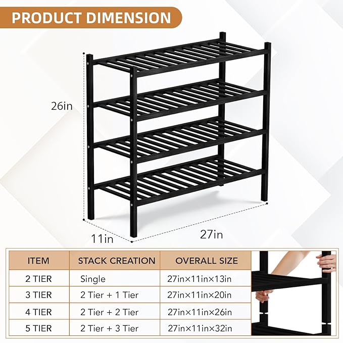 4 Tier Bamboo Shoe Rack Storage Organizer for Closet, Multifunctional Stackable Free Standing Shoe Shelf Organizer for Small 