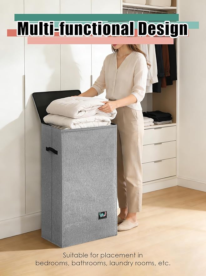 WTREE Laundry Hamper with Lid, Reinforced Sturdy Clothes Hamper with Anti-Puncture Base, Large Collapsible Laundry Basket wit