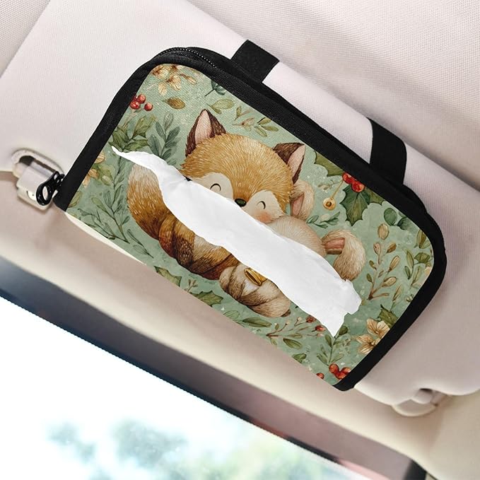 Car Tissue Holder Car Visor Organizer Tissue Box Holder for Car Sun Visor Organizer with Car Vehicle Accessories Essentials Interior for Women Men Christmas Fox Bunny Holly Leaf Green
