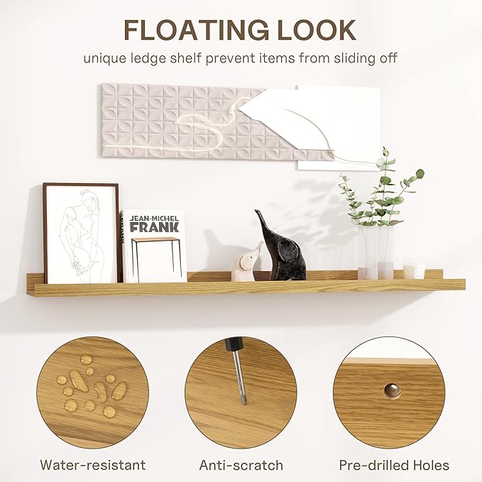Fun Memories Long Wall Shelves Set of 2-60 Inch Floating Shelves for Wall - Picture Ledge Shelf with Lip for Storage - Wall -