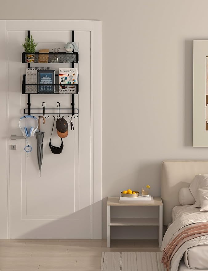 Over The Door Hooks Organizer Storage - Over The Door Hanger for Coat Rack, Storage with 12 Hook & 2 Mesh Baskets, for Bathro