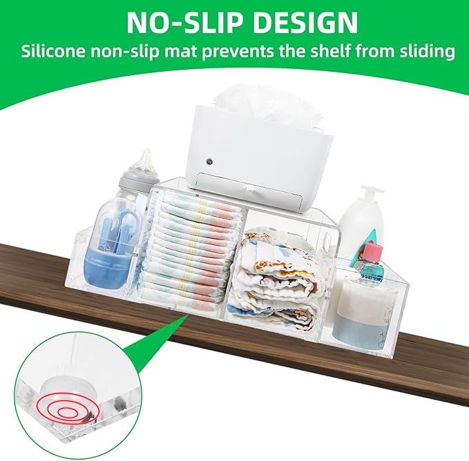 NANYEZH Acrylic Diaper Caddy, Baby Wipes Organizer for Changing Table, Dresser Top Tabletop Organizer with 4 Detachable Compa