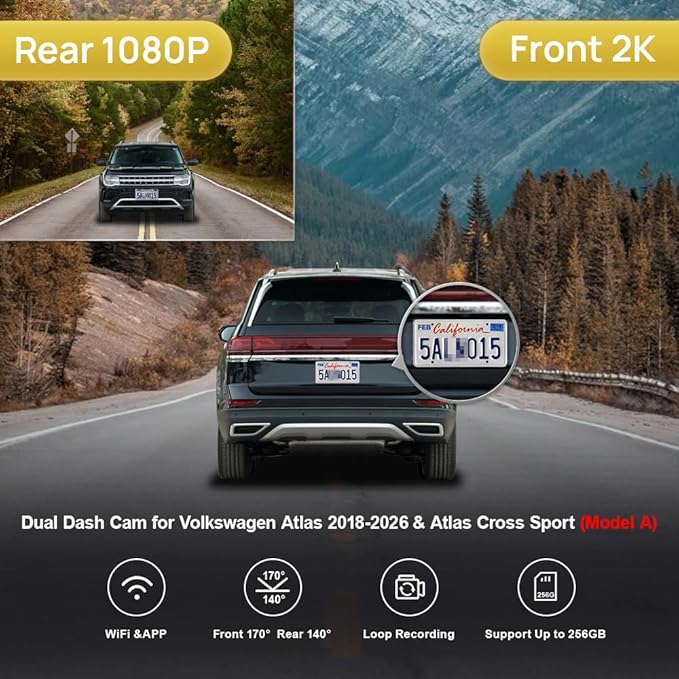 Fitcamx Front 2K+Rear 1080P Dash Cam Adapts for Volkswagen Atlas 2018-2026 & Atlas Cross Sport 2020-2026 (Model A/Slim-Tail),