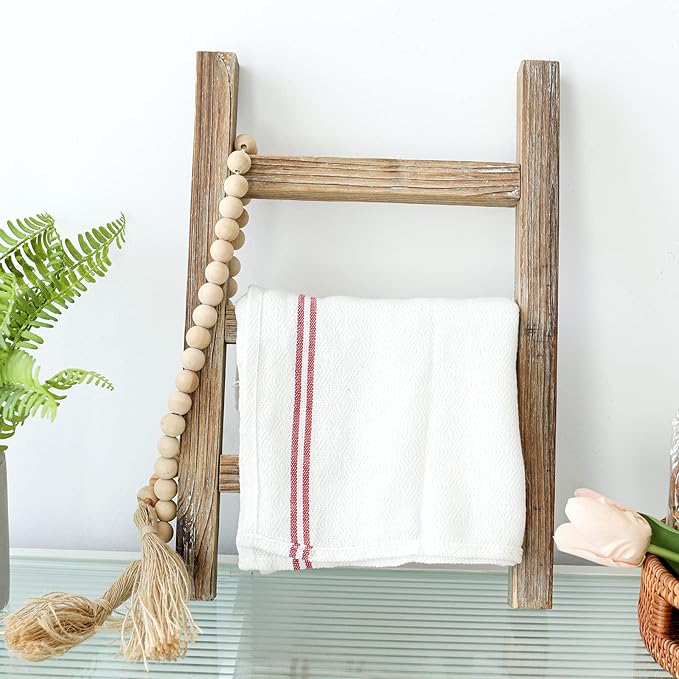 FUIN Wooden Tea Towel Ladder, Mini Ladder Towel Rack Display Hanger, Small Rustic Farmhouse Tea Towel Stand Holder for Countr
