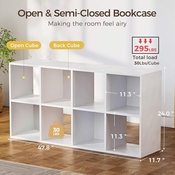 COMHOMA 8 Wood Cube Storage Organizer with Open Back and Removable Back Panels, 11In White Cube Storage Bookshelf, Cubicle Sh