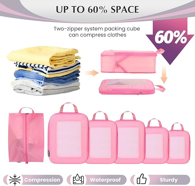 Ultralight Compression Packing Cubes for Suitcases Carry on，Compressible Mesh Packing Cubes for Travel Women Travel Essential