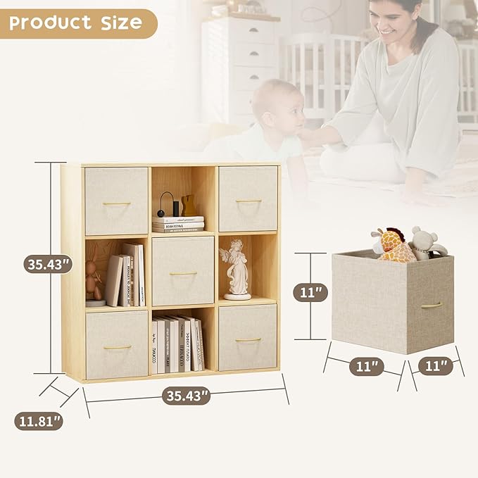 EXPERLAM 9 Cube Storage Organizer - Solid Wood Bookshelf with 5 Storage Bins, Cube Shelf with 3 Removable Back Panels, Vertic