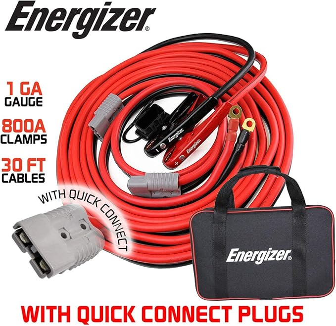 Energizer Jumper Cables, 30 feet, 1 Gauge, 800A, Booster Battery Cables with Permanent Installation kit and Quick Connect Plug for SUV and Trucks with up to 8-Liter Gasoline and 6-Liter Diesel Engines