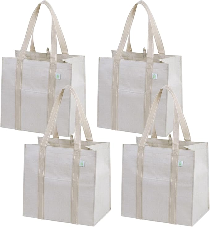 VENO 4 Pack Reusable Grocery Bags, Heavy-Duty Shopping Bags with Handles, Bags for Shopping Cart with Hard Bottom to Stand Upright, Foldable, Multi-Purpose, Sustainable (Beige, 4 Pack)