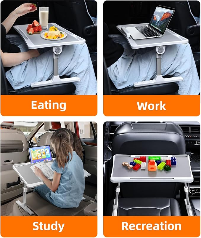 Large Car Seat Tray Table, Foldable Travel Tray for Kids Car Seat, Height Adjustable Car Lap Desk for Laptop Computer Tablet, Rear Seat Food Eating Tray, Car Travel Essentials for Long Trips