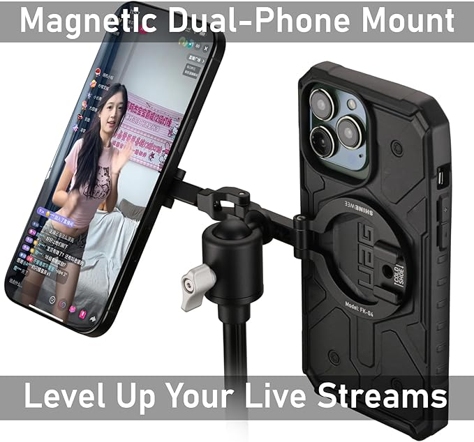 Dual Magnetic Ring Phone Mount - Foldable 360° Rotation CNC Aluminum Stand,1/4" Screw,Cold Shoe Interface, Hands-Free Holder for Live Streaming, Selfies & Multi-Device Use