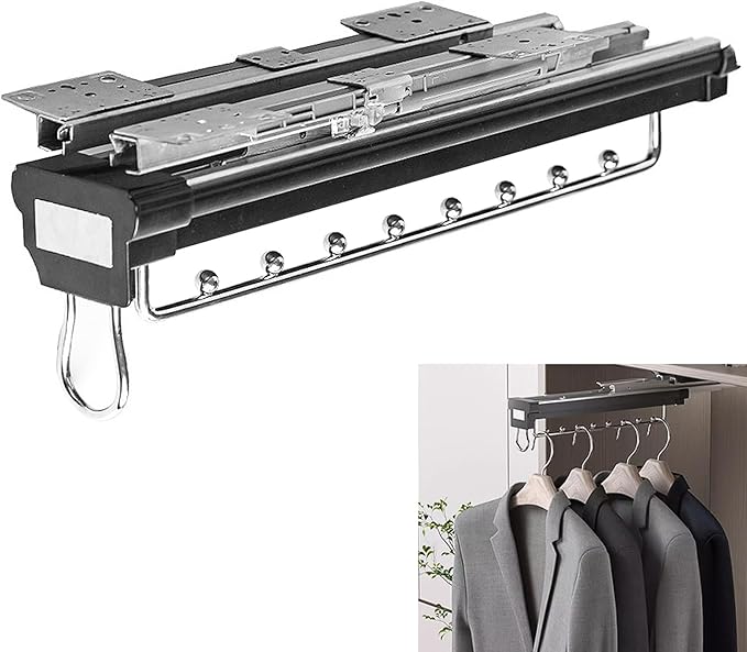 Heavy Duty Pull Out Clothes Rail - Extendable Hanger Rack with Buffer System, Adjustable Steel Wardrobe Rod for Efficient Clo