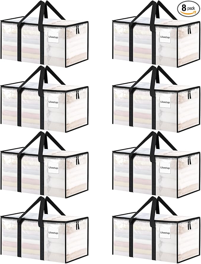 8 Pack Extra Large Heavy Duty Moving Bags, Clear Storage Bins with Lids, Reinforced Handles & Heavy-Duty Zippers Moving Boxes